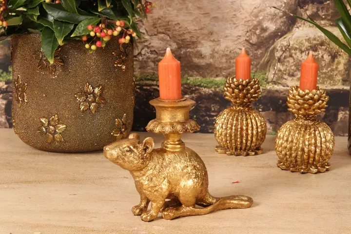 Rattenleuchter Kerzenständer Ratte Maus Gold Kunstharz 12 cm