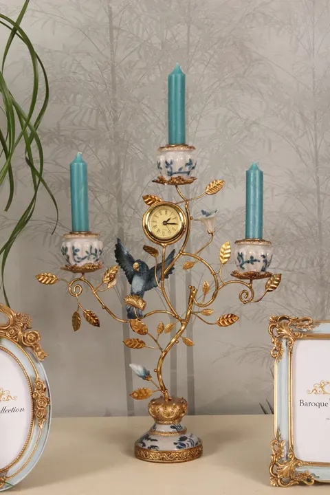 Kerzenständer Papagei mit Uhr 3-armig Blau Gold 32 cm