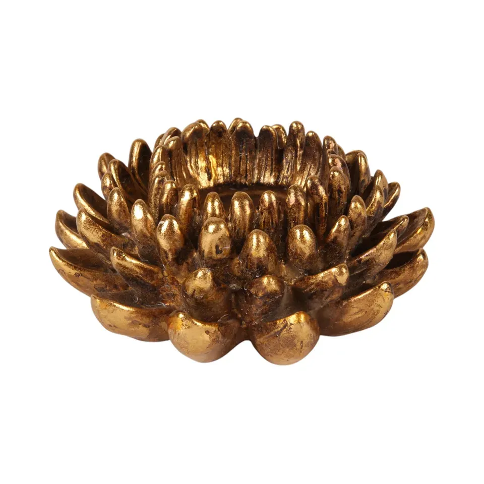 Teelichthalter Dahlie Gold Kunstharz Blumenleuchter 12 cm Flacher goldener Dahlien-Teelichthalter aus Kunstharz, 12cm breit. Eleganter Blumenleuchter in Antikgold.