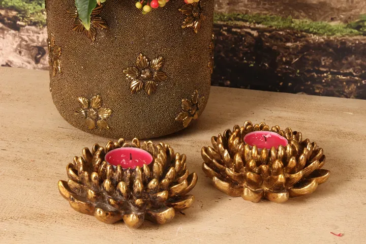 Teelichthalter Dahlie Gold Kunstharz Blumenleuchter 12 cm