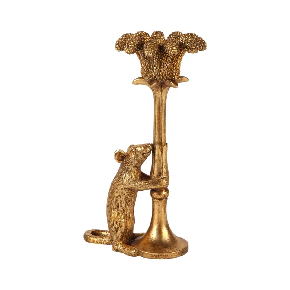 Maus Kerzenständer Kerzenhalter Gold Kunstharz 22.5 cm Goldener Maus-Kerzenständer aus Kunstharz, 22.5cm hoch. Stehende Maus umarmt Blumen-Kerzenhalter in Antikgold.