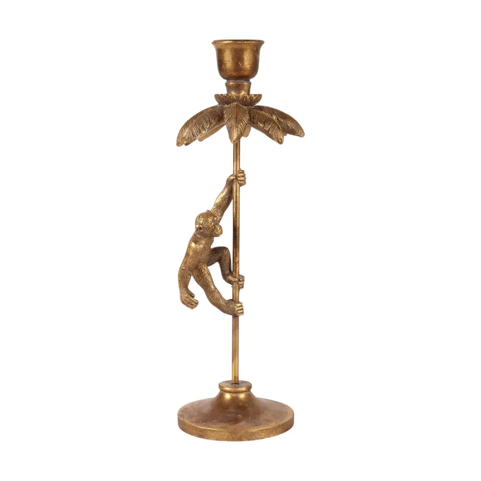 Affe Kerzenständer Palme Gold Kunstharz 31 cm Goldener Kerzenständer kletternder Affe an Palmenstamm aus Kunstharz, 31cm hoch. Palmen-Kerzenhalter in Antikgold.