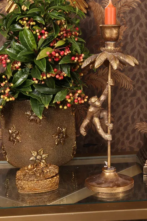 Affe Kerzenständer Palme Gold Kunstharz 31 cm