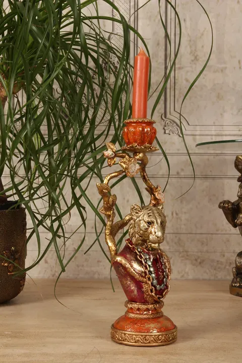 Löwen Kerzenständer Büste Gold Orange Kunstharz 31 cm