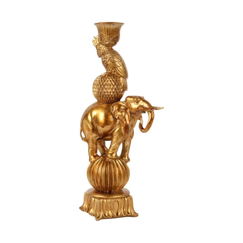 Goldener Elefant und Kakadu auf Kugeln als Kunstharz-Kerzenhalter, 27cm hoch. Zirkus-Barock-Deko in Antikgold