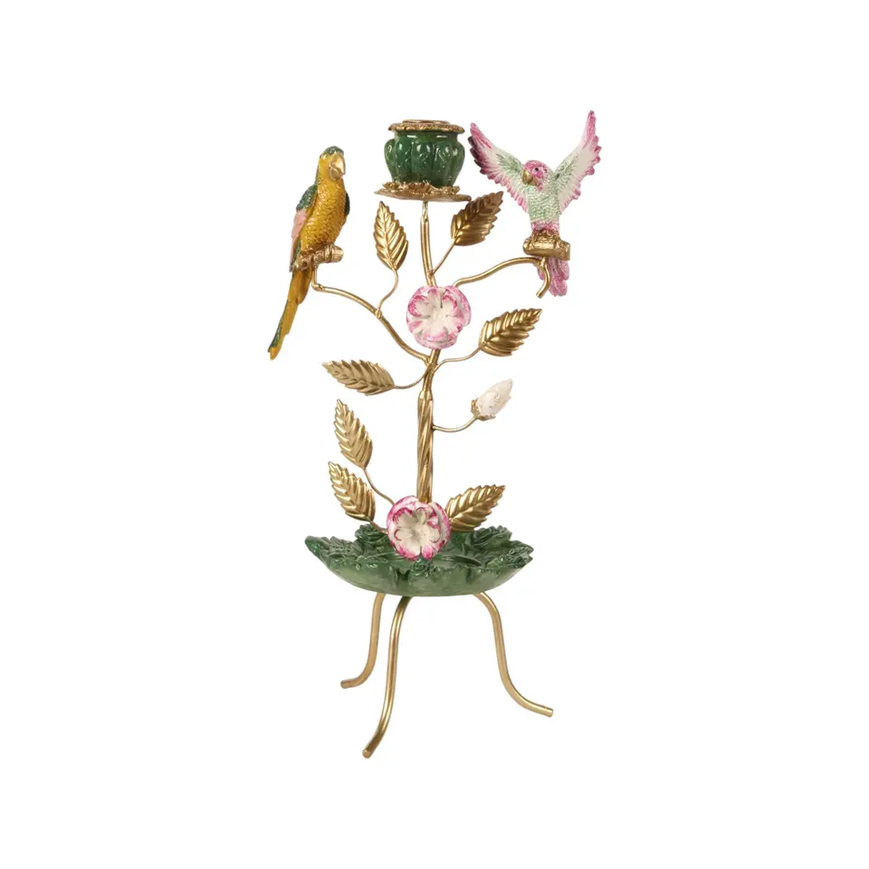 Vogel Kerzenhalter Papageien Grün Gold Kunstharz 38.5 cm Kunstharz-Kerzenhalter mit zwei bunden Vögeln auf vergoldetem Blütenast, 38.5cm hoch. Tropische Deko.
