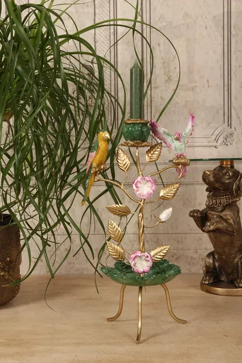 Vogel Kerzenhalter Papageien Grün Gold Kunstharz 38.5 cm