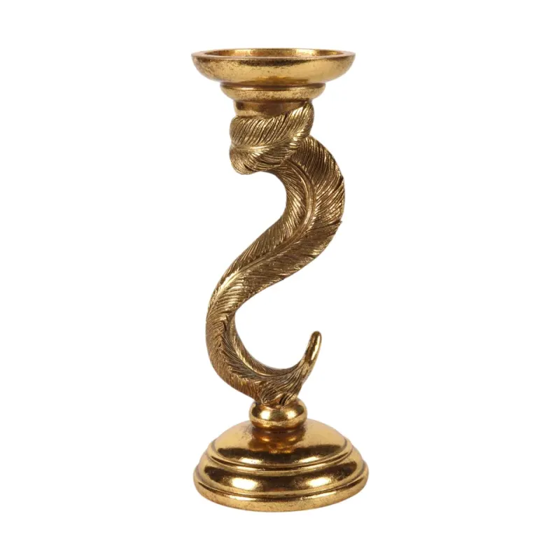 Goldener Kerzenständer in S-förmiger Federoptik aus Kunstharz, 26.5cm hoch.