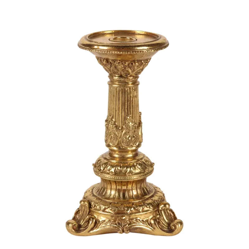 Barocker Säulen-Kerzenständer aus Kunstharz in Antikgold mit Ornamenten, 23cm hoch.