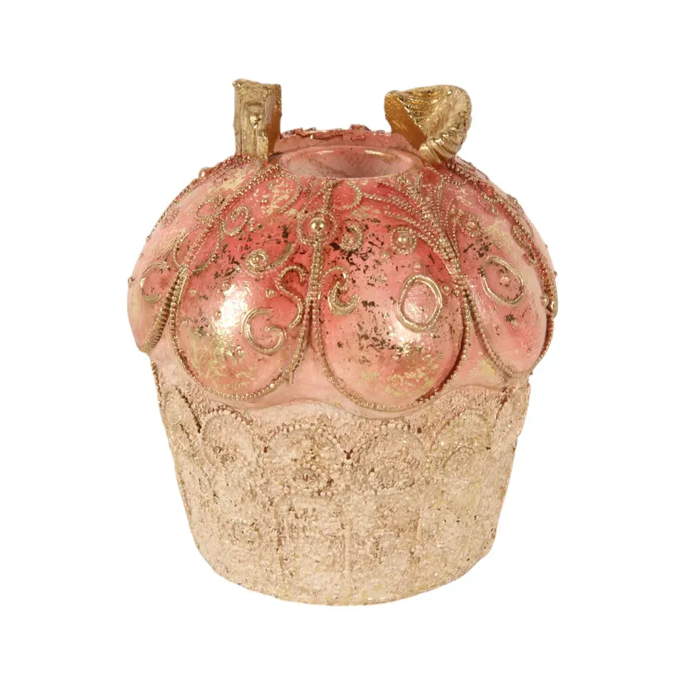 Kerzenhalter Cupcake Torte Rosa Gold Kunstharz 9 cm Rosa Cupcake-Kerzenhalter aus Kunstharz mit Goldornamenten und Schleife, 9cm hoch. Verspielte Tischdeko.