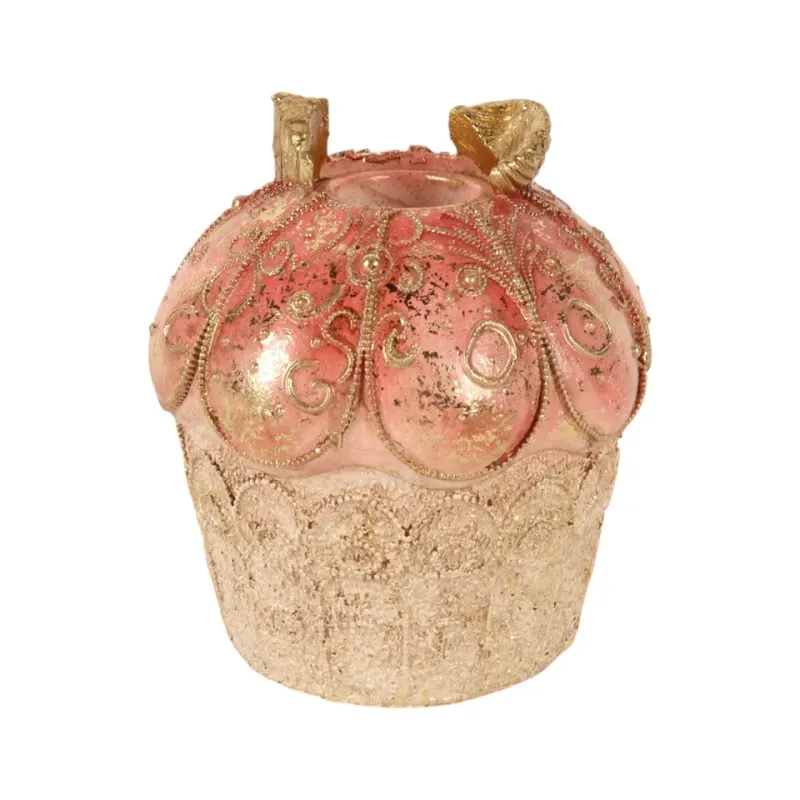 Rosa Cupcake-Kerzenhalter aus Kunstharz mit Goldornamenten und Schleife, 9cm hoch. Verspielte Tischdeko.
