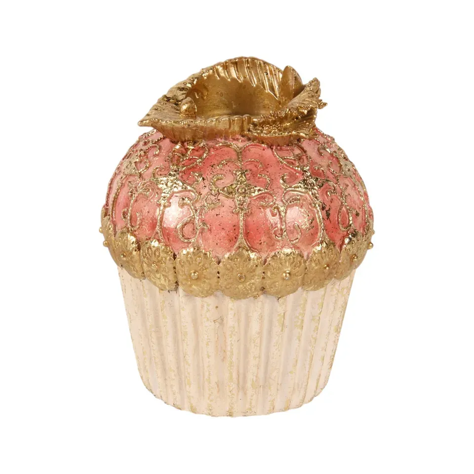 Kerzenhalter Cupcake Torte Rosa Gold Kunstharz 9.5 cm Rosa Cupcake-Kerzenhalter aus Kunstharz mit Goldgitter und Rüschen-Blüte, 9.5cm hoch. Süsse Tischdeko.
