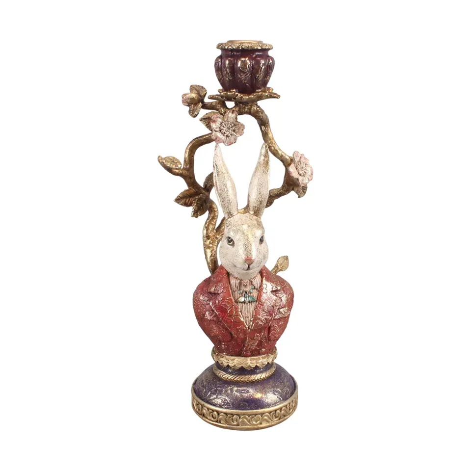 Hasen Kerzenhalter Büste Hase Mehrfarbig Kunstharz 30.5 cm Hasen-Büste Kerzenhalter aus Kunstharz in Sakko mit Blütenbogen, 30.5cm hoch. Barocke Oster- und Ganzjahresdeko.