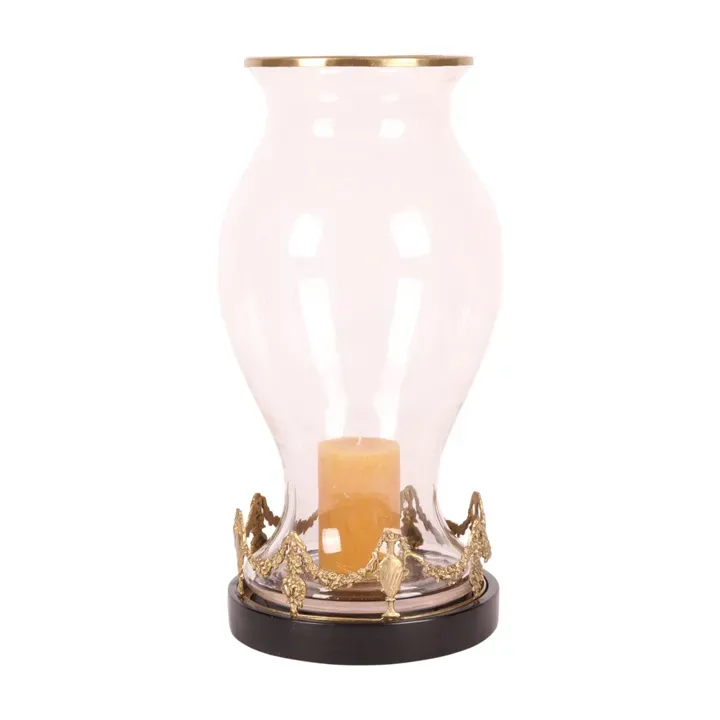 Edles Windlicht Laterne Sturmlaterne Gold Messing Glas 35 cm Messing-Windlicht in Balusterform mit Messingkrone & dunklem Sockel, 35cm hoch. Nostalgische Sturmlaterne aus Glas.
