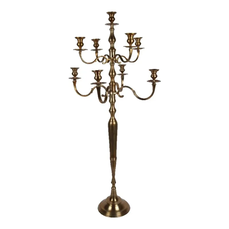 Imposanter goldener Aluminium-Standkerzenständer 9-armig, 182cm hoch. Barocker Bodenkandelaber mit geschwungenen Armen.