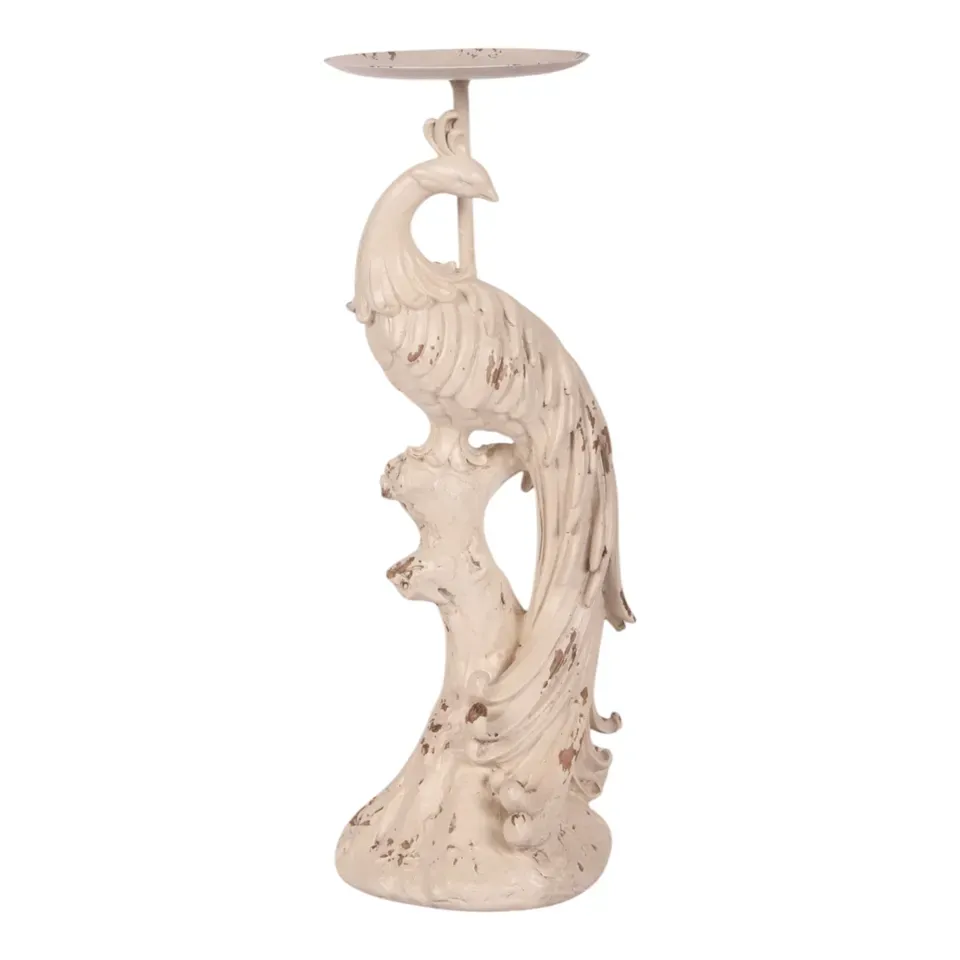 Pfauen Kerzenhalter Pfau Creme Weiss Kunstharz Vintage 30.5 cm Cremeweisser Pfauen-Kerzenhalter im Vintage-Look aus Kunstharz, 30.5cm hoch. Barocke Pfauenfigur mit Kerzenteller.