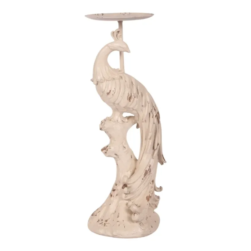 Cremeweisser Pfauen-Kerzenhalter im Vintage-Look aus Kunstharz, 30.5cm hoch. Barocke Pfauenfigur mit Kerzenteller.