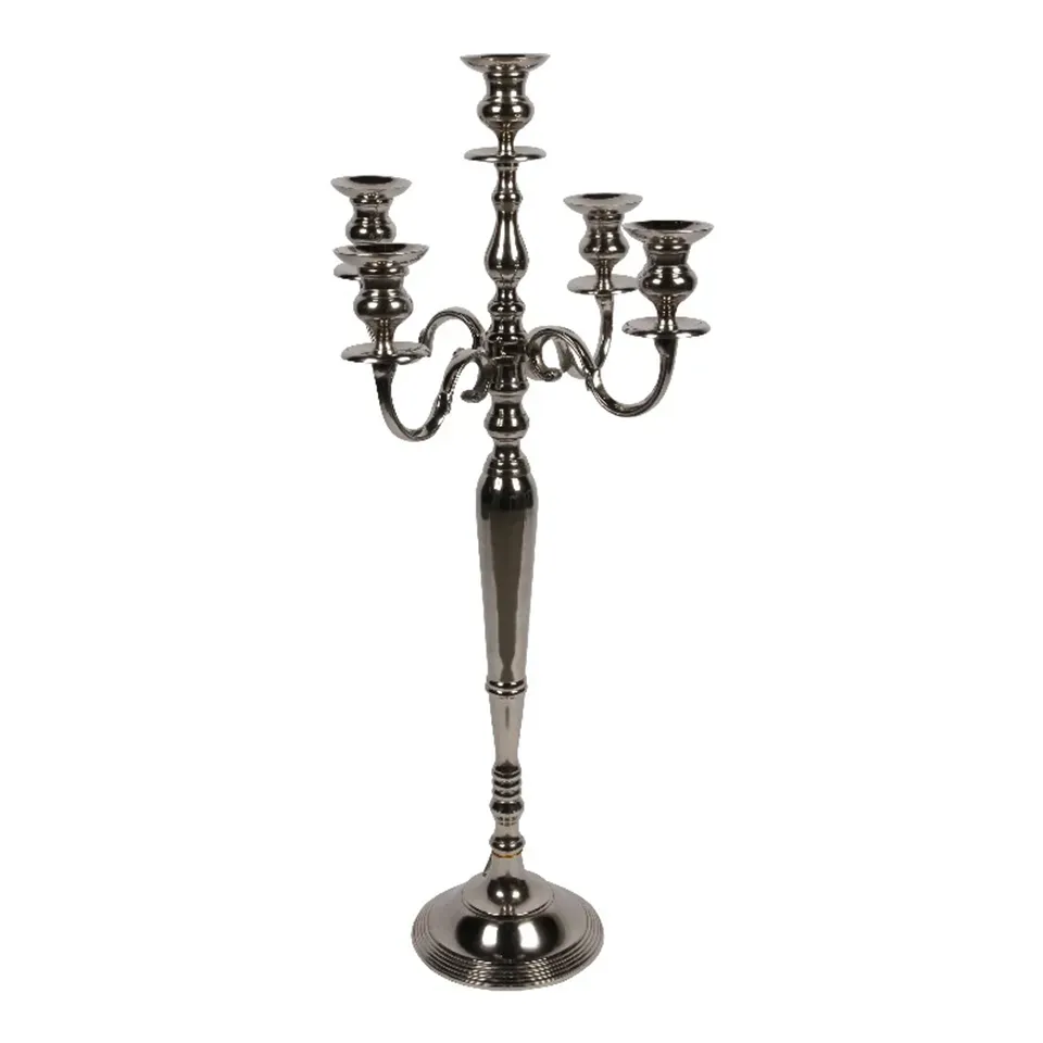 Silberner Aluminium-Kandelaber 5-armig, 104cm hoch. Klassischer Armleuchter für Stabkerzen.