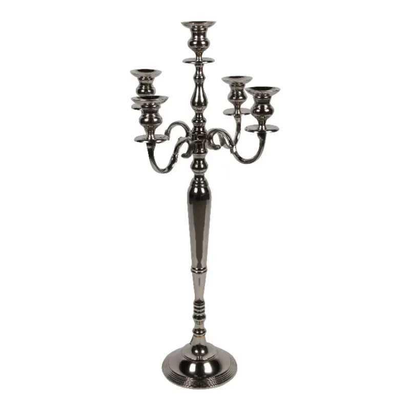 Silberner Aluminium-Kandelaber 5-armig, 104cm hoch. Klassischer Armleuchter für Stabkerzen.