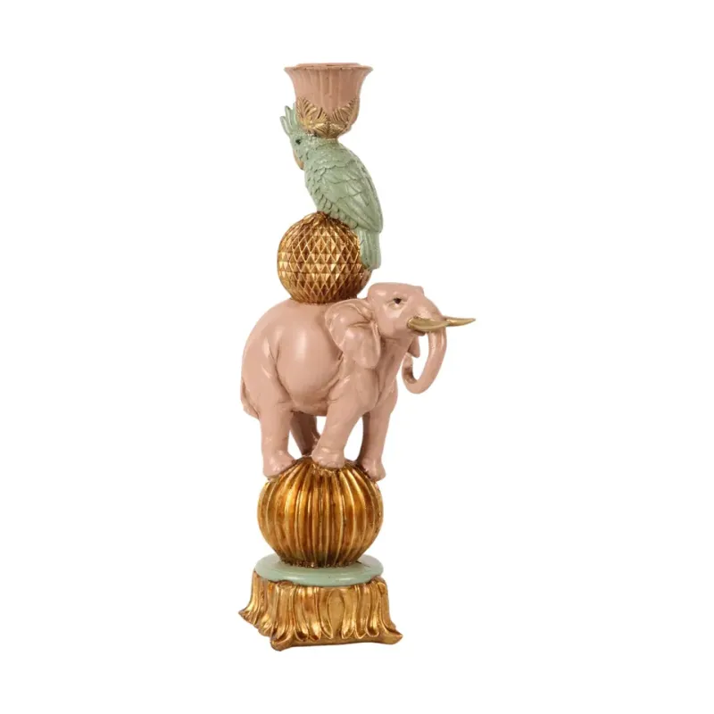 Rosa Elefant und grüner Vogel auf Goldkugeln als Kunstharz-Kerzenhalter, 27cm hoch. Zirkus-Barock-Deko