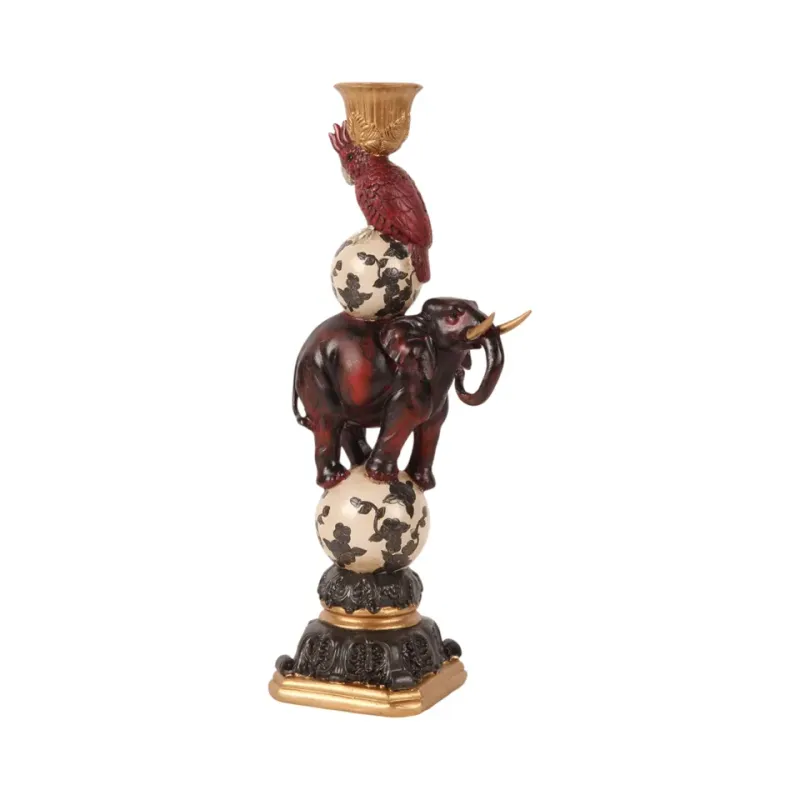 Roter Elefant und Kakadu auf Motivkugeln als Kunstharz-Kerzenhalter, 30.5cm hoch. Zirkus-Barock-Deko.