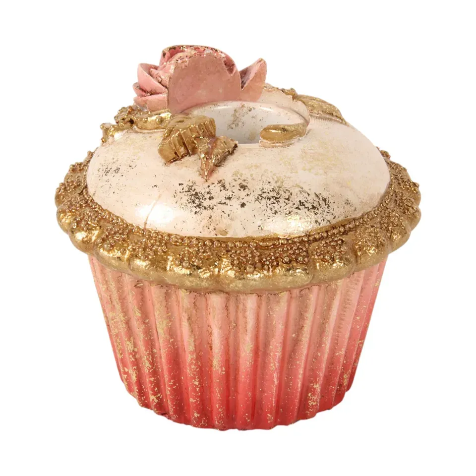 Kerzenhalter Cupcake Torte Rosa Gold Kunstharz 7.5 cm Rosa Flacher Cupcake-Kerzenhalter aus Kunstharz mit Rosenblüte und Goldrand, 7.5cm hoch. Verspielte Tischdeko.
