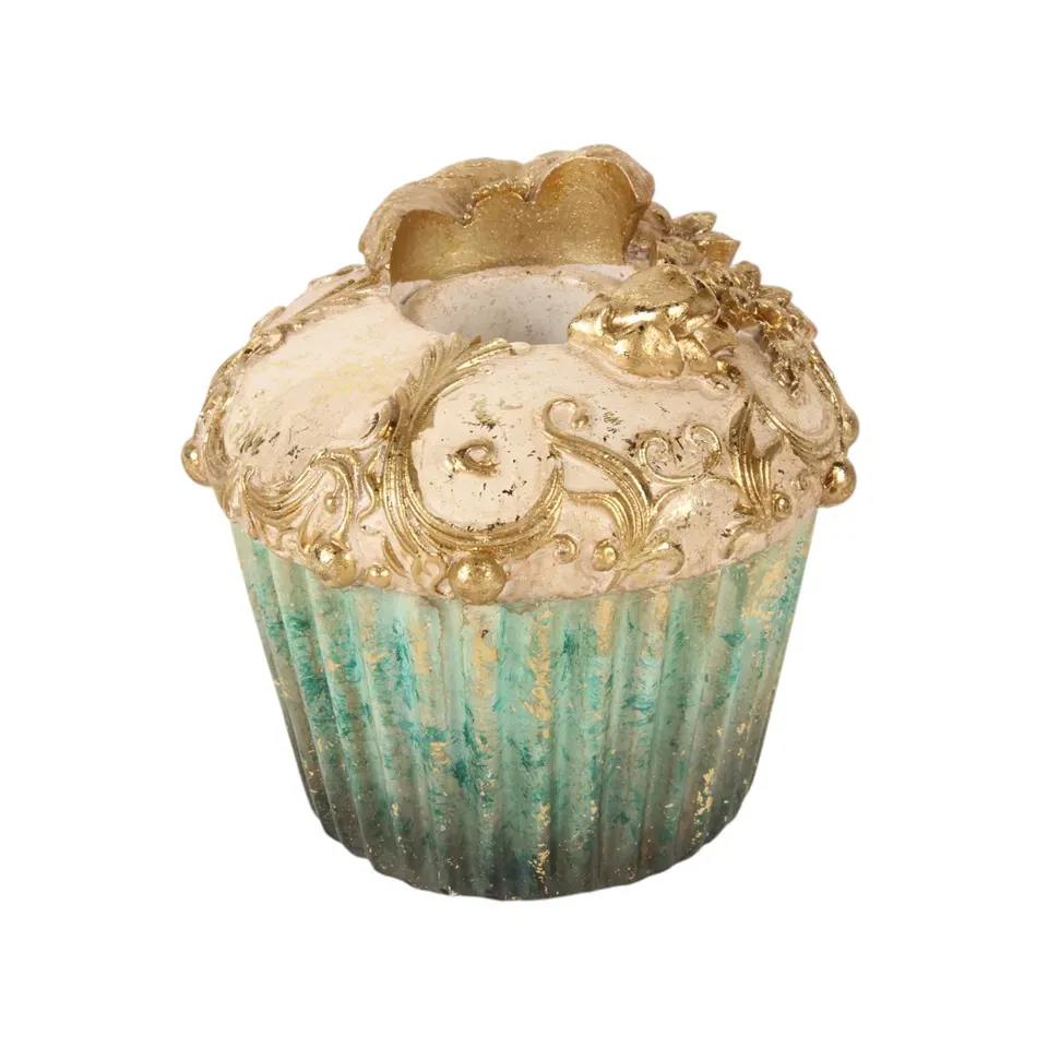 Kerzenhalter Cupcake Torte Blau Türkis Gold Kunstharz 8 cm Blauer Cupcake-Kerzenhalter aus Kunstharz mit Creme-Haube, Goldornamenten und Blüten, 8cm hoch. Süsse Deko.