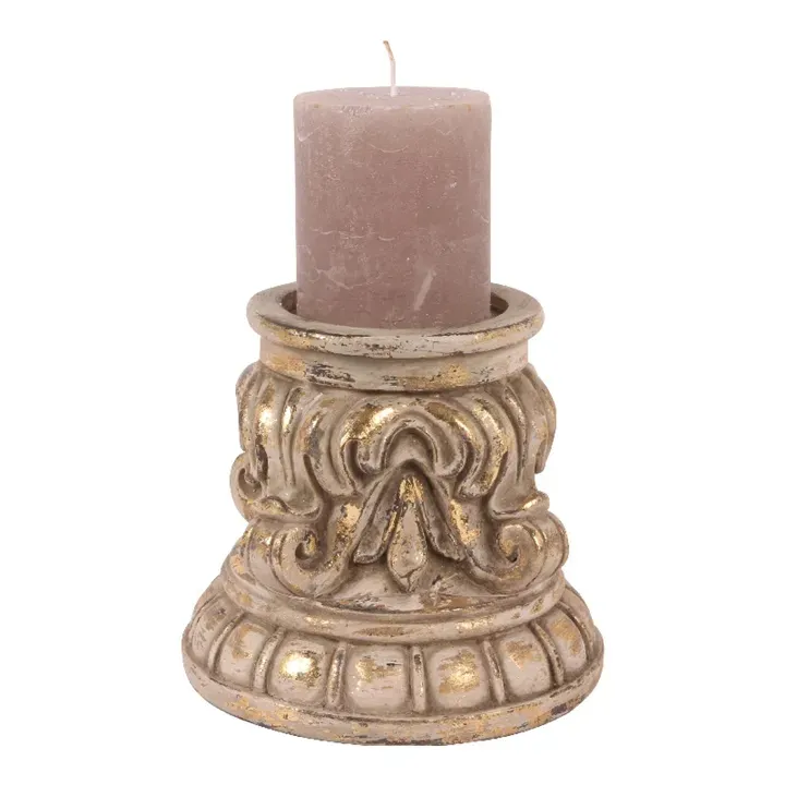 Kerzenhalter Sockel Kapitell Beige Gold Kunstharz 14 cm Barocker Sockel-Kerzenhalter aus Kunstharz in Beige und Gold mit Acanthus-Ornamenten, 13.5cm hoch