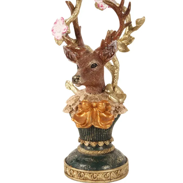 Hirsch-Büste Kerzenhalter aus Kunstharz mit blühendem Geweih und Schleife in Gold, 30.5cm hoch.