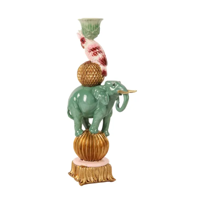 Grüner Elefant und rosa Kakadu auf Goldkugeln als Kunstharz-Kerzenhalter, 27cm hoch. Zirkus-Barock-Deko.