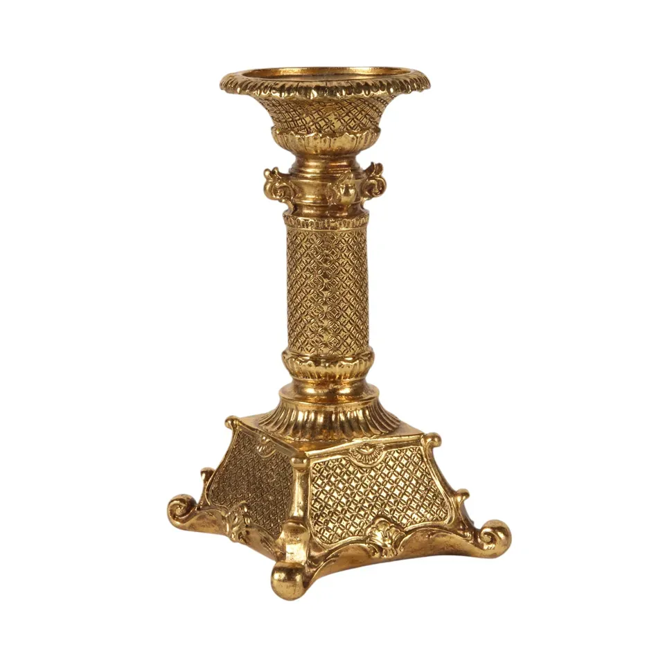 Kerzenständer Säule Vintage Gold Kunstharz 22.5 cm Klassischer Säulen-Kerzenständer aus Kunstharz in Antikgold mit Rautenmuster, 22.5cm hoch.