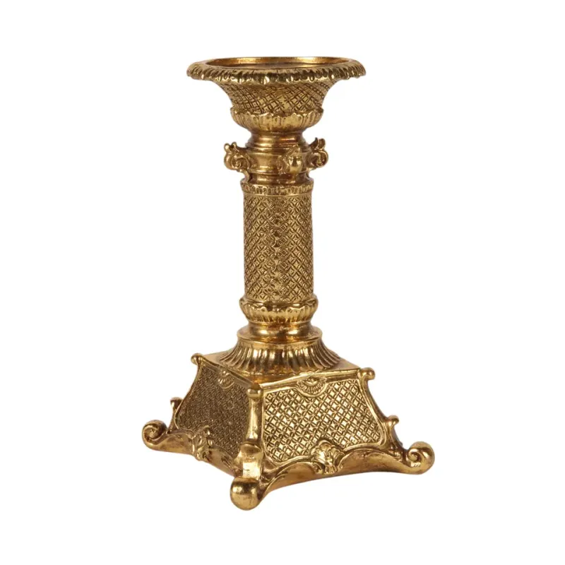 Klassischer Säulen-Kerzenständer aus Kunstharz in Antikgold mit Rautenmuster, 22.5cm hoch.