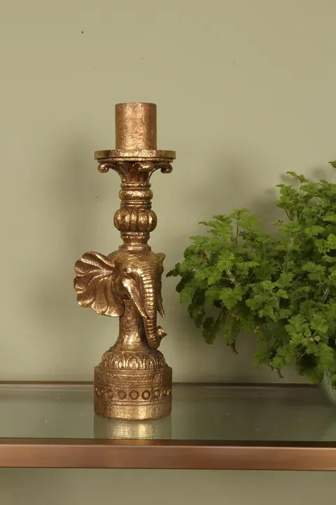 Elefanten Kerzenhalter Elefantenkopf Säule Gold Kunstharz 38.5 cm