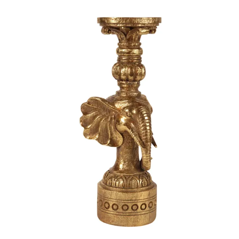 Goldener Elefanten-Kerzenhalter mit Elefantenkopf auf Säule aus Kunstharz in Antikgold, 38.5cm hoch.