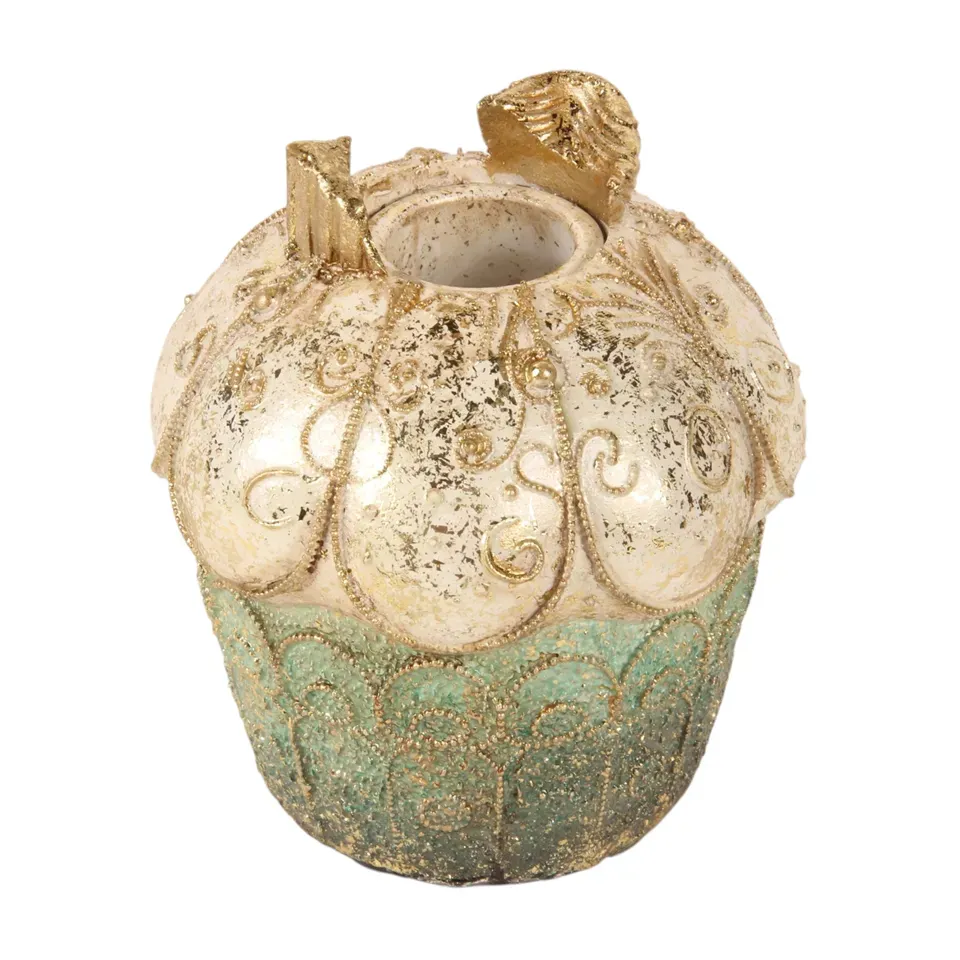 Kerzenhalter Cupcake Torte Blau Gold Kunstharz 9 cm Blauer Cupcake-Kerzenhalter aus Kunstharz mit Goldornamenten und Creme-Haube, 9cm hoch. Verspielte Tischdeko.