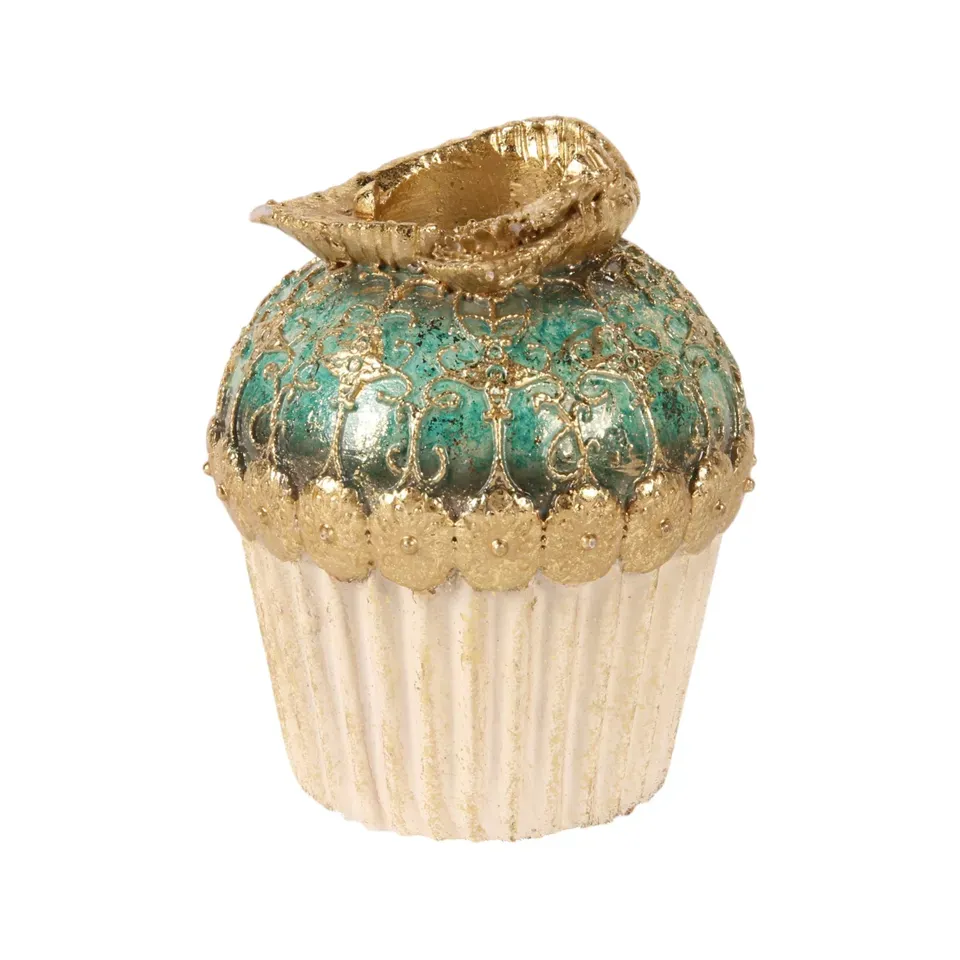 Kerzenhalter Cupcake Torte Blau Türkis Gold Kunstharz 9.5 cm Blauer Cupcake-Kerzenhalter aus Kunstharz mit Goldspitze und Rüschenblüte, 9.5cm hoch. Verspielte Tischdeko.