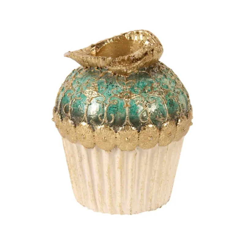 Blauer Cupcake-Kerzenhalter aus Kunstharz mit Goldspitze und Rüschenblüte, 9.5cm hoch. Verspielte Tischdeko.