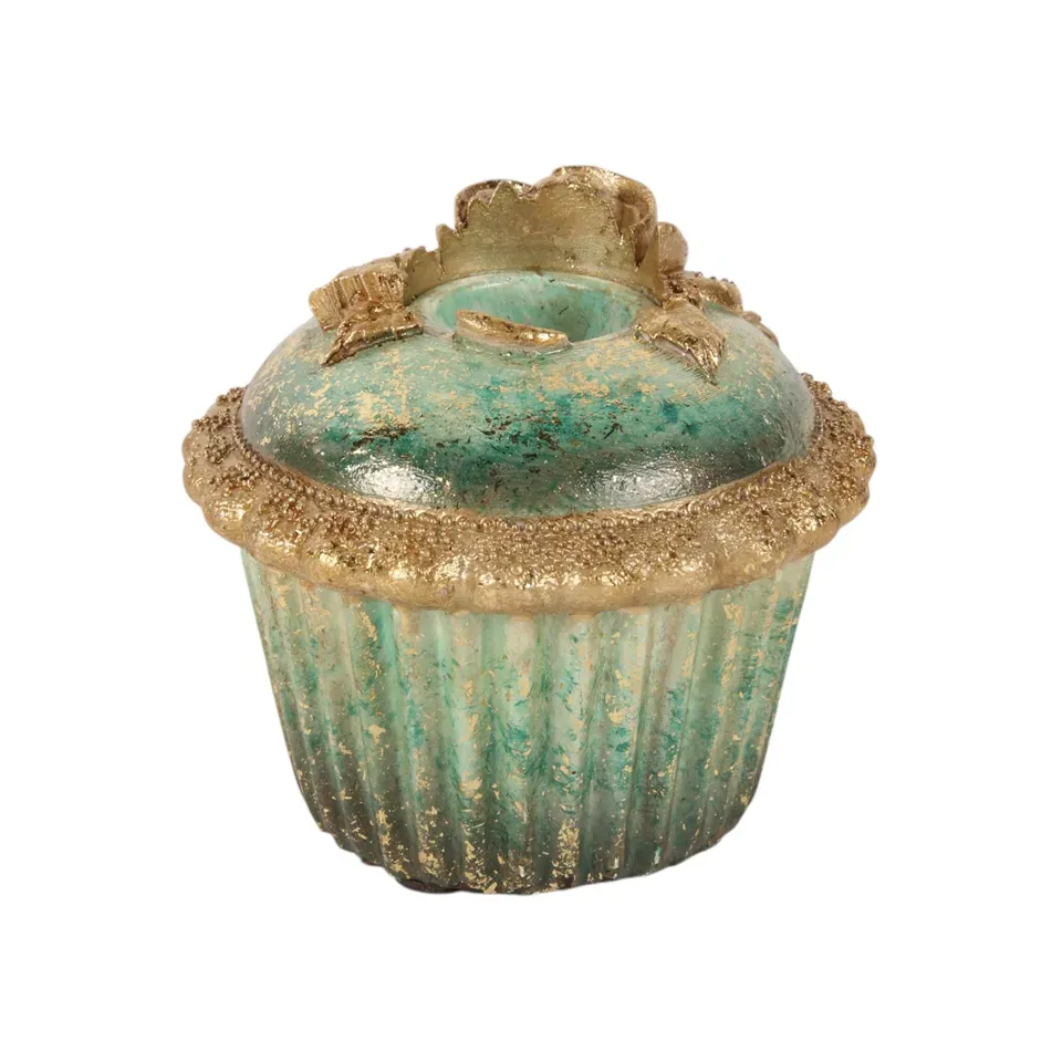 Blauer Cupcake-Kerzenhalter aus Kunstharz in Törtchen-Form mit Goldakzenten, 7.5cm hoch. Verspielte Tischdeko.