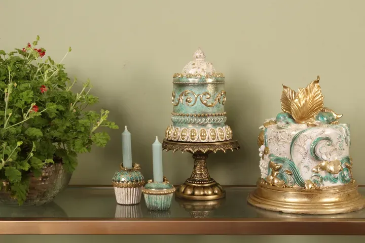Kerzenhalter Cupcake Torte Blau Türkis Gold Kunstharz 7.5 cm