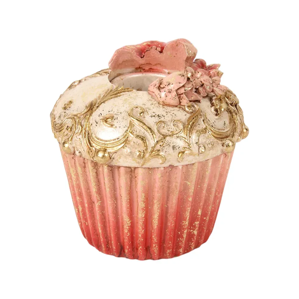 Kerzenhalter Cupcake Torte Rosa Gold Kunstharz 8 cm Rosa Cupcake-Kerzenhalter aus Kunstharz mit Creme-Haube, Goldornamenten und Blüten, 8cm hoch. Süsse Deko.