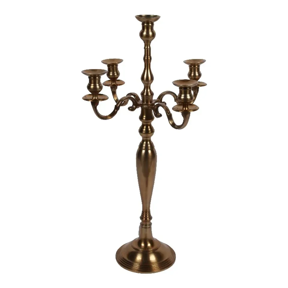 Armleuchter Kerzenständer Kandelaber 5-armig Gold Aluminium 80 cm Goldener Aluminium-Kandelaber 5-armig, 80cm hoch. Armleuchter in Antikmessing-Optik für Stabkerzen.