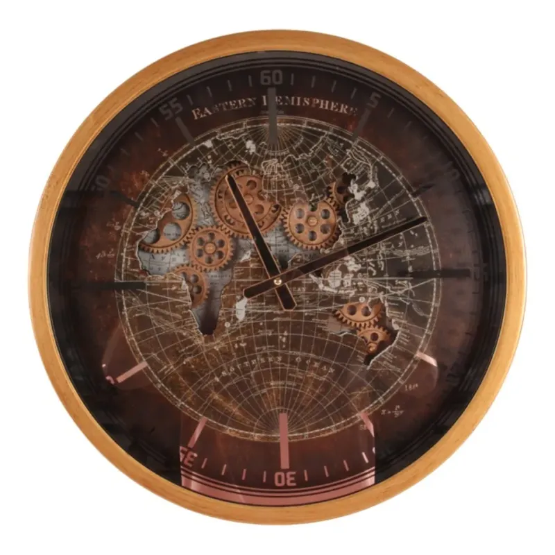 Yankee Wanduhr Weltkarte, Metall/Glas, gold, rund, ø46cm im industriellen Stil.