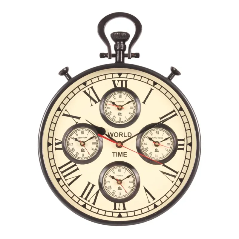 Weltzeit-Wanduhr, Stahl/Aluminium, schwarz, 41x30x6cm im industriellen Stil.