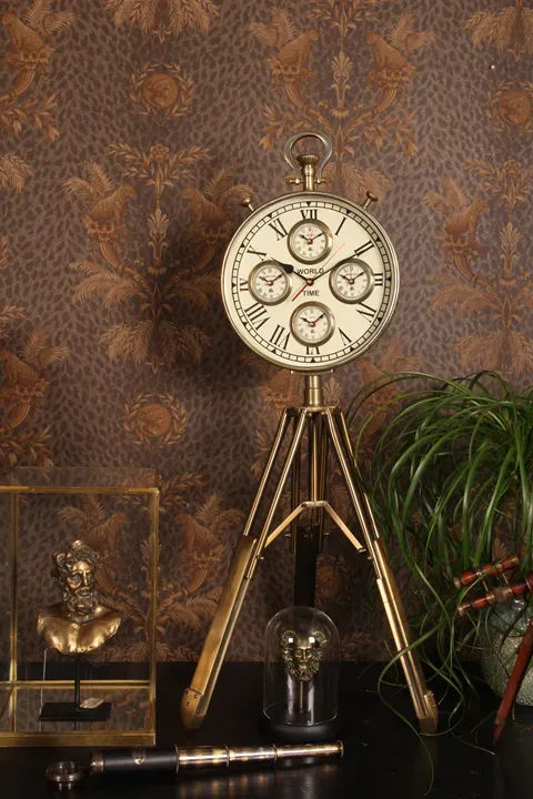 Weltzeit-Uhr auf Ständer Stahl/Aluminium Gold 100 cm