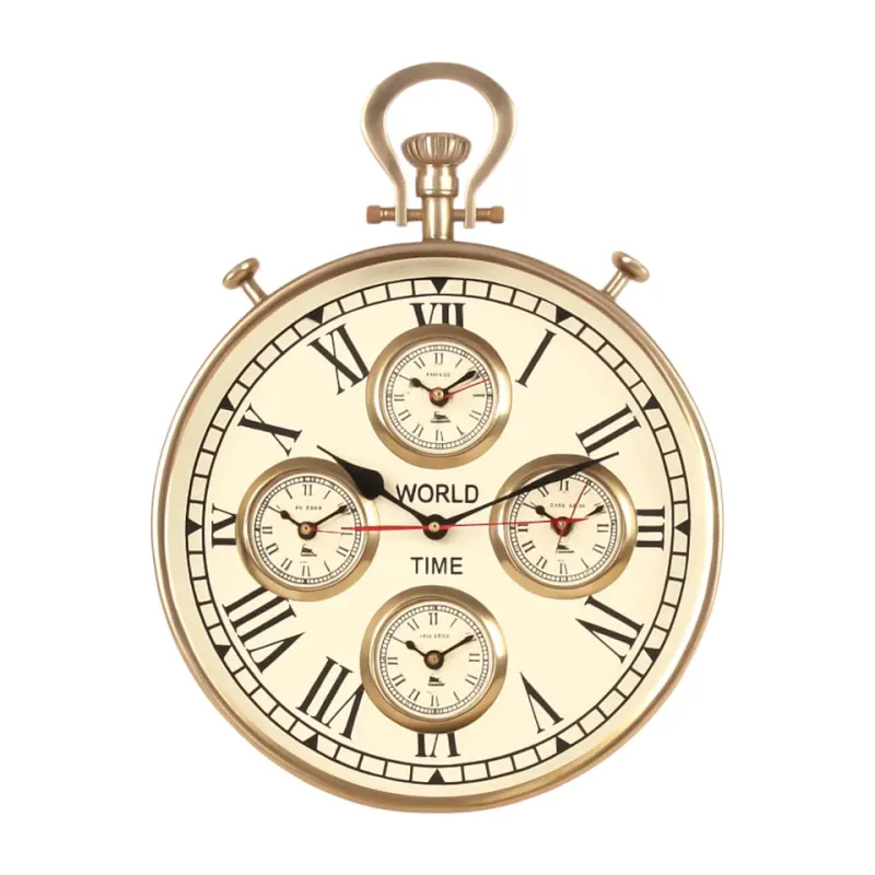 Weltzeit-Wanduhr, Stahl/Aluminium, gold, 41x30x6cm im industriellen Stil.