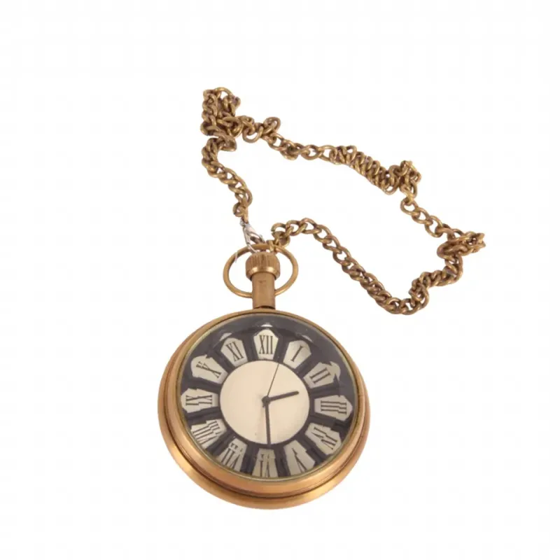 Gandhi Taschenuhr mit Kette, Messing, gold, 5x5x5cm im indischen Vintage-Stil.