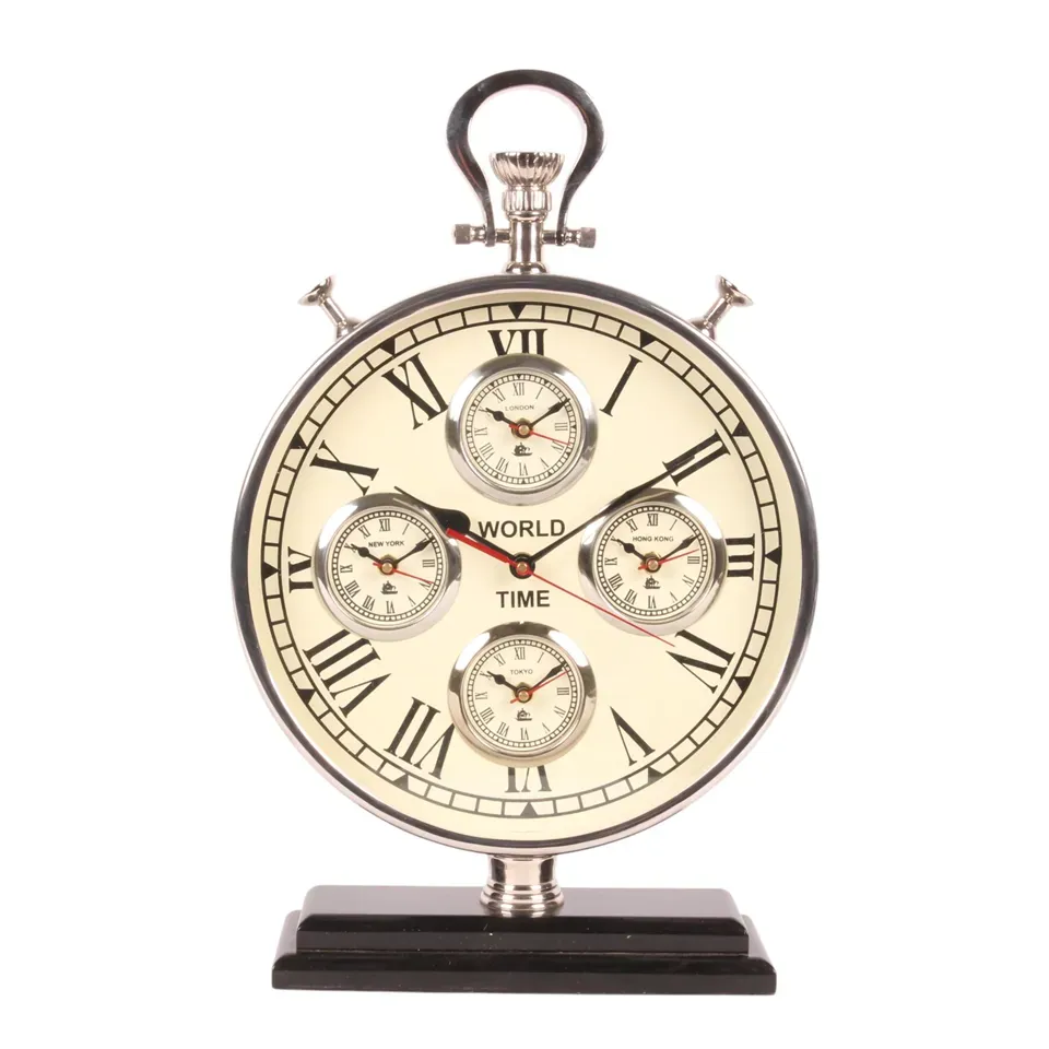 Weltzeit-Uhr auf Sockel Stahl/Aluminium Silber 48 cm Weltzeit-Uhr auf Sockel, Stahl/Aluminium, silber, 48x30x10cm im industriellen Stil.
