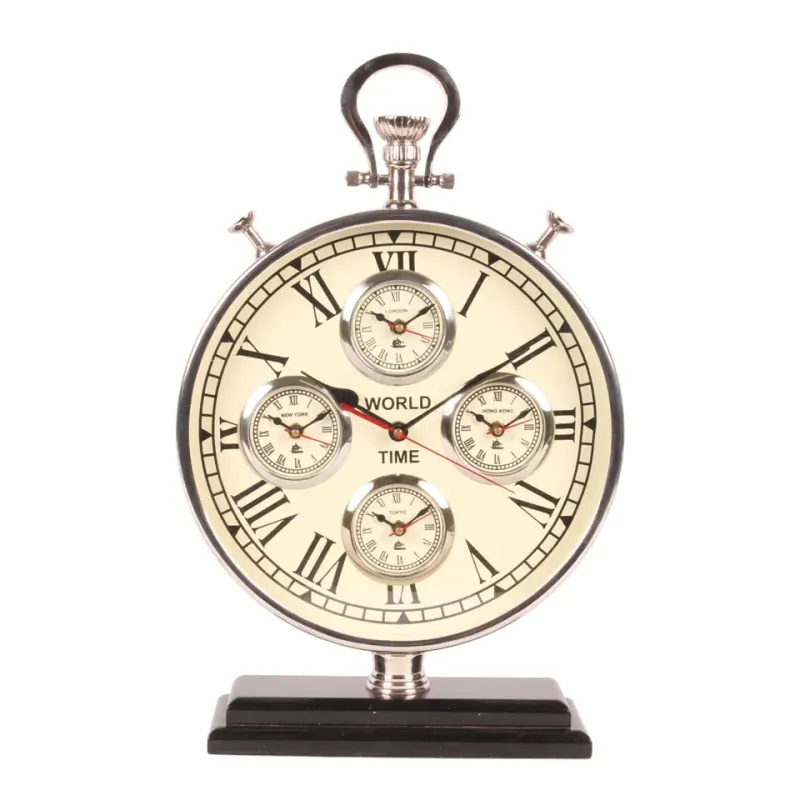 Weltzeit-Uhr auf Sockel, Stahl/Aluminium, silber, 48x30x10cm im industriellen Stil.