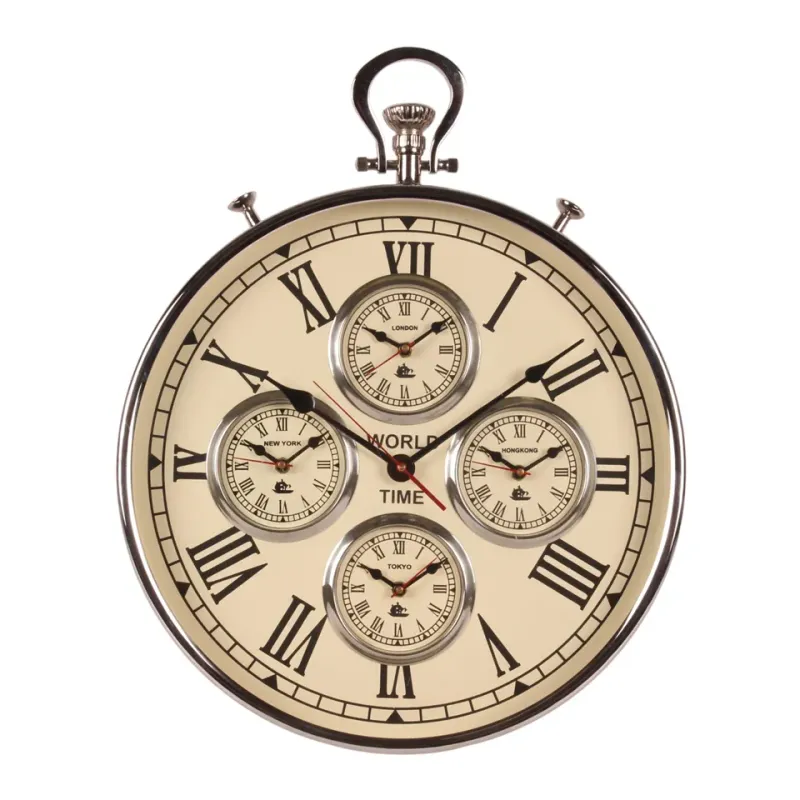 Weltzeit-Wanduhr, Stahl/Aluminium, silber, 51x40x7cm im industriellen Stil.