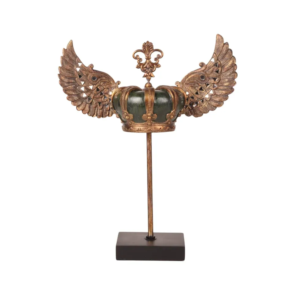 Königskrone auf Ständer mit Flügeln Polyresin Grün/Gold 36,5x30 cm Königskrone auf Ständer mit Flügeln, Polyresin, grün/gold, 36,5x30x13cm im majestätischen Stil.